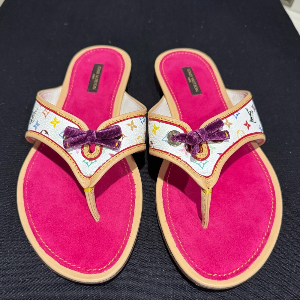 Louis Vuitton Pink and White Sandals with Purple Bow